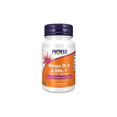 Now Foods Mega D-3 & MK-7 60 Capsules provides Vitamin D3 and K2 to support bone health and cardiovascular function.